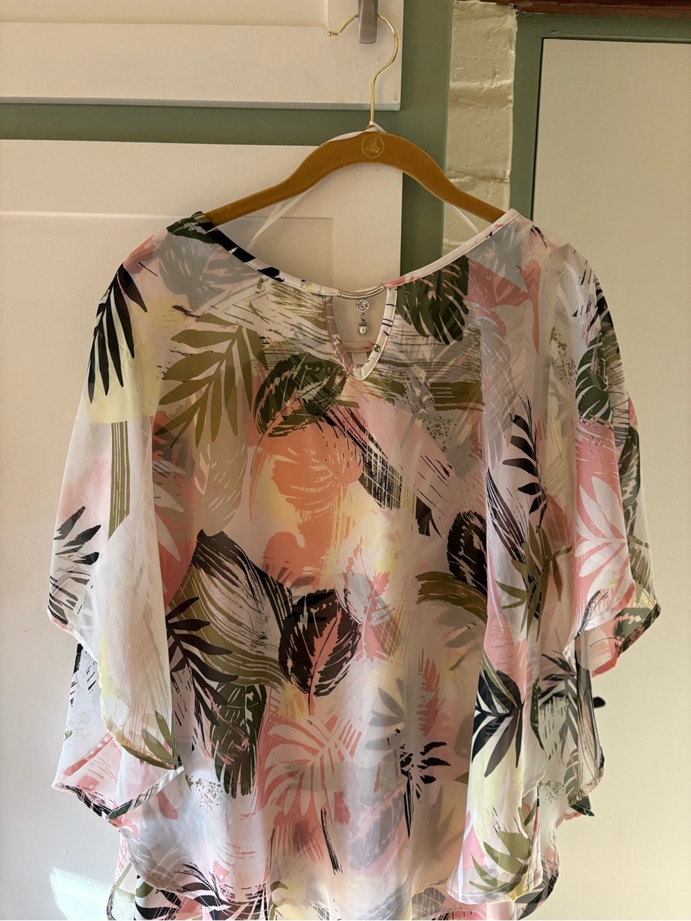 NY Collection Sheer Tropical Leaf Print Blouse - Pink, Green & White